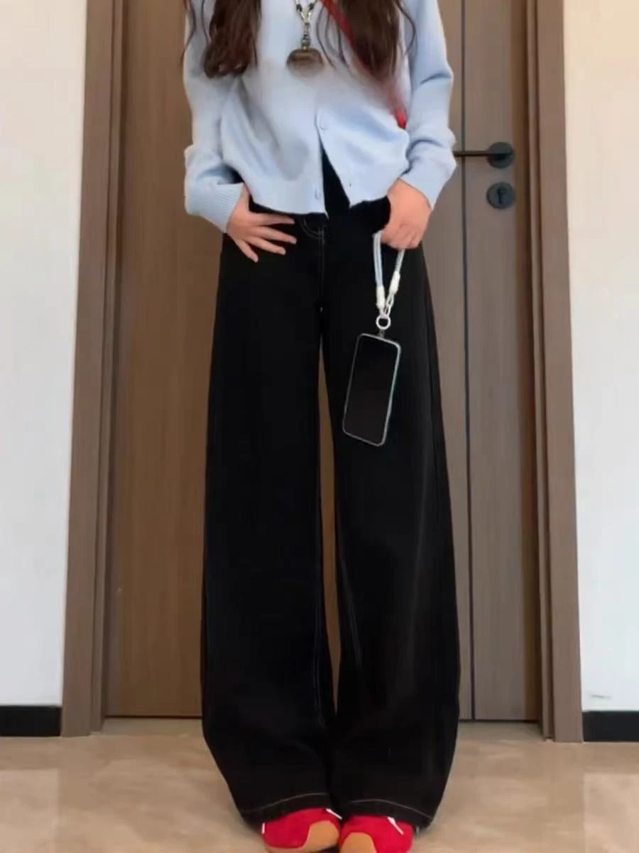 

plus Size High Waist Straight Leg American Sle Jeans Women Loose Wide Leg Floor Length Trousers Casual Waed Denim