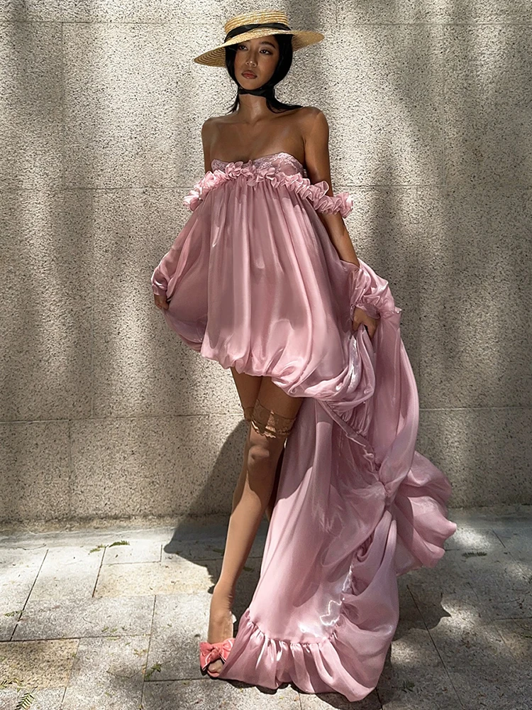 Weird Puss Irregular Dress Women Elegant Birthday Party Large Hem Fungus One Shoulder Patchwork See Through Sweet Chic Vestidos