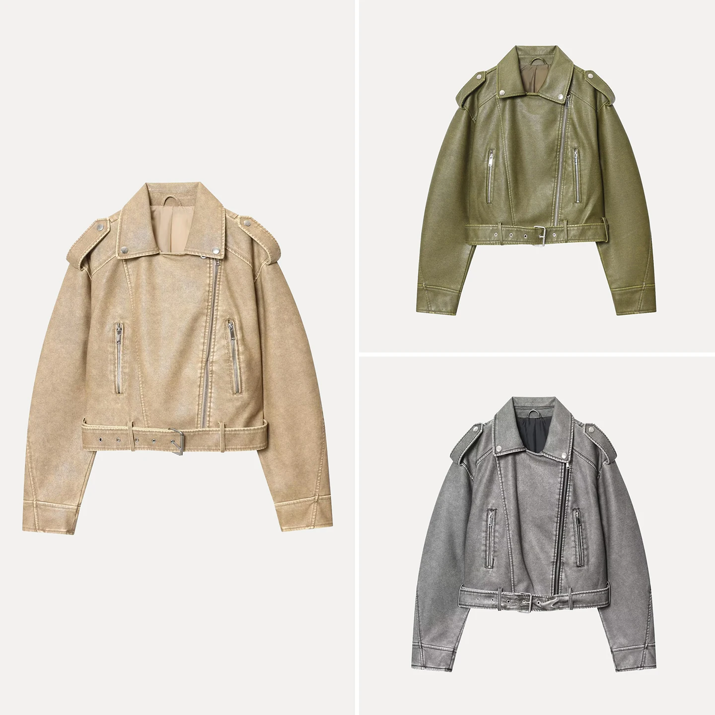 Chaqueta de Cuero do para Mujer, Estilo Simple y E, Corta, con Cinturón, Estilo Otoñal, Nueva, con Cremallera, Man...