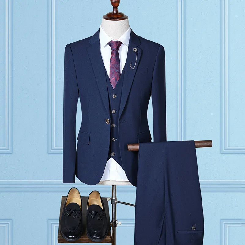 Hot Selling Manufacturer Direct Sales Men's Slim Fit Solid Color Three Piece Set with One Button Casual Men's Hairstylist Suit