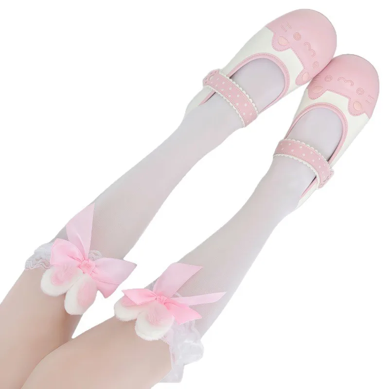 Velvet Calf/Over The Knee Socks For Jk Girls Pink Rabbit Ears Bow With Beautiful Lace Trim Design Skin-Friendly Elastic Hosiery