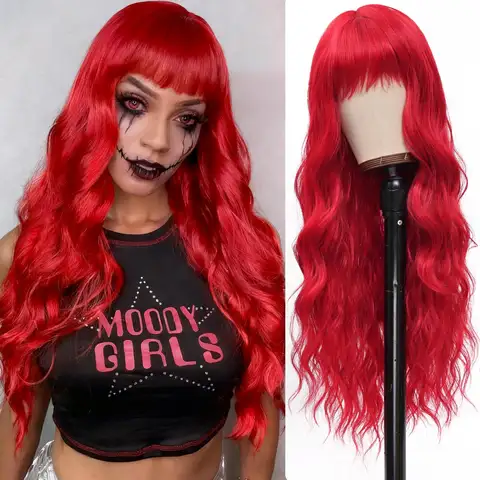 Bright red synthetic wig with big waves for Halloween cosplay. Party role-playing wig. Daily high-temperature hair accessory.