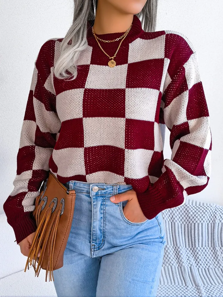 

Lemongor women's fashion Contrast Color Plaid Sweater Tops Long Sleeves Loose Round-Neck Casual Autumn Winter Pullover Top