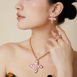 Designer Collection Style Women Lady Jewelry Sets Settings Pink Cubic Zircon Rhombus Flower Pendant Necklace Earrings Ring