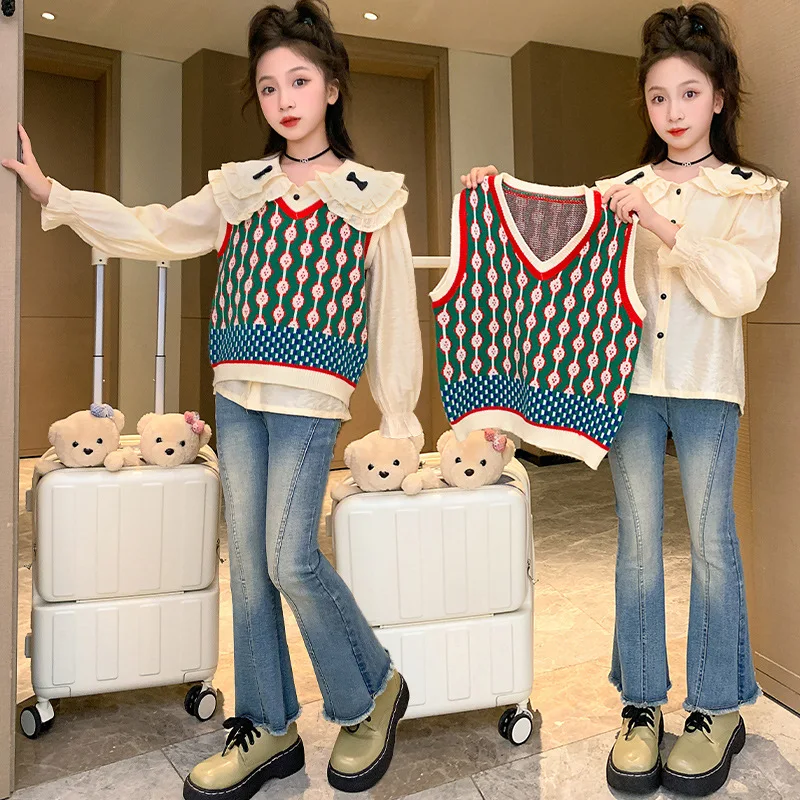 Girls' Suits, Autumn Clothes, New Girls, Fashionable Casual Autumn Sweaters, Vest Shirts, Children's Three-piece Sets