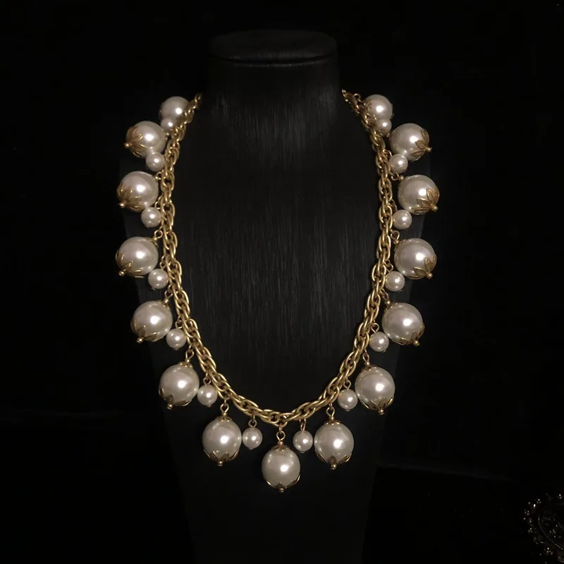 French Retro Glass Pearl Distressed Gold Necklace Bracelet Suit Simple Niche Versatile European and American Foreign Trade