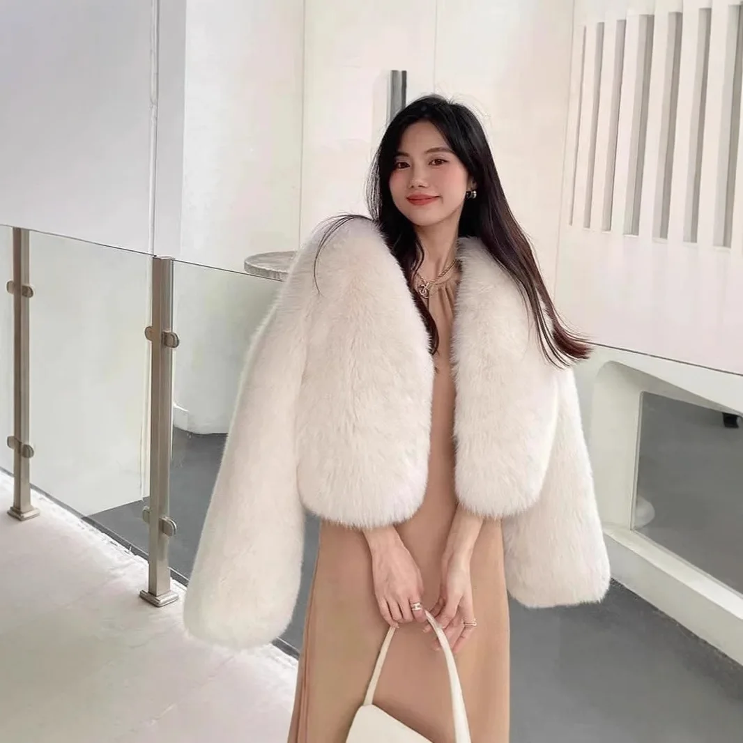 여성 인조 여우털 코트 숏 오버코트 솔리드 O넥 긴 소매 오픈 스티치 루즈 두꺼운 캐주얼 오피스 레이디 2025 가을 겨울