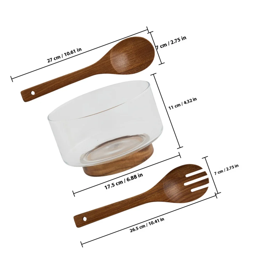 مجموعة واحدة من وعاء الفاكهة الزجاجي مع قاعدة خشبية وعاء تقديم السلطة الشفاف الكبير لتخزين الحلوى والخضروات أداة المطبخ متعددة الأغراض #5