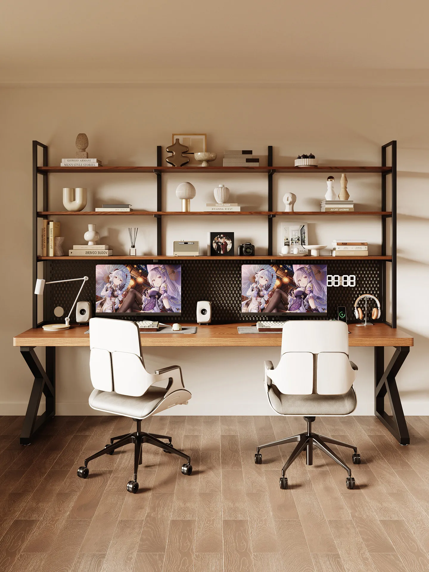 Solid wood computer desk, household bookshelf, integrated table with hole board, students write and learn simple and modern