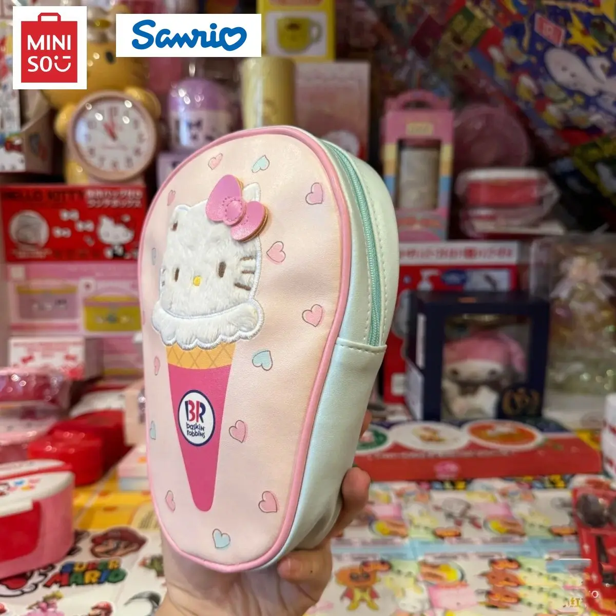 Miniso Sanrio Hello Kitty حافظة أقلام رصاص ، حقيبة أقلام بسعة كبيرة ، حقيبة أقلام رصاص لطيفة ، أدوات مكتبية كورية كاواي ، آيس كريم ، جديد