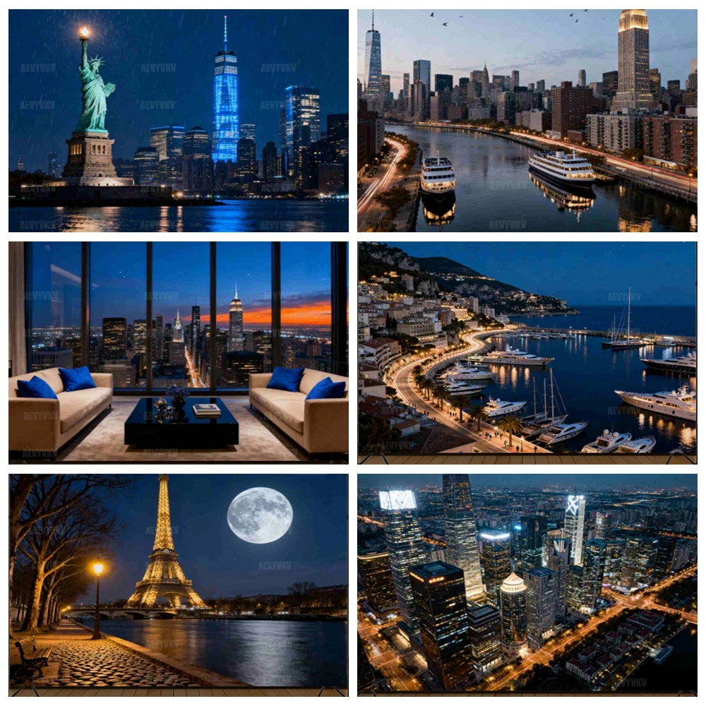 

New York London Nightscape Backdrop Liberty Tower Skyline Thames River Bridge Live Streaming Background Decoration Props