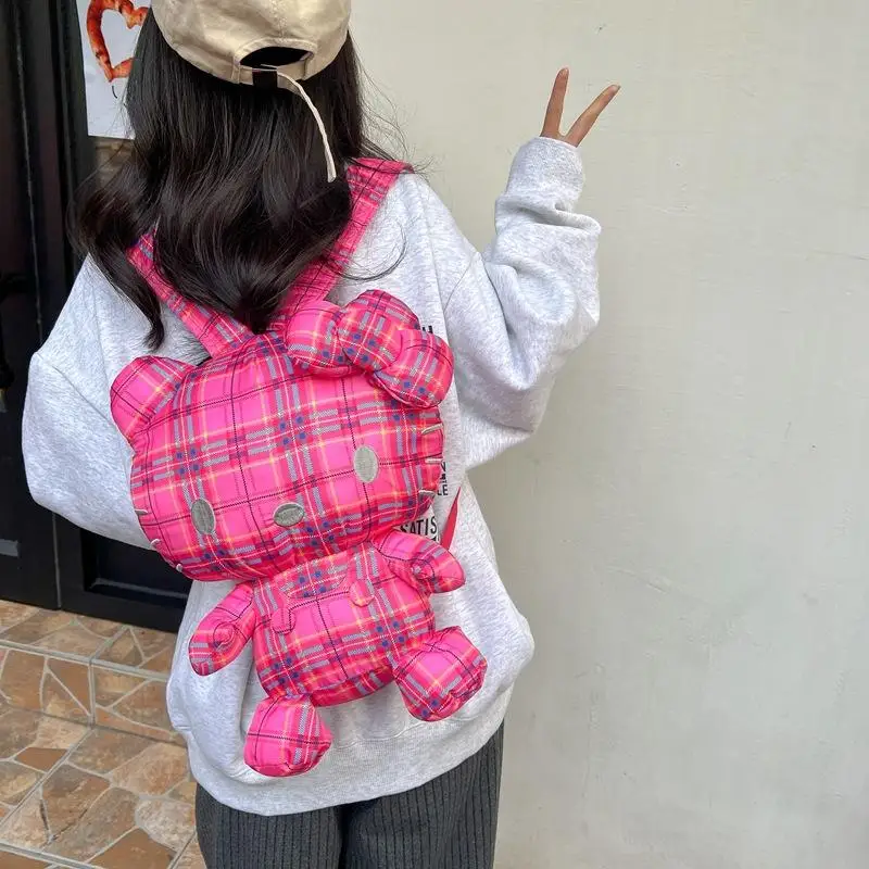 Hello Kitty Y2K Checkered Pink Black Backpack Kawaii Sanrio Kt Cat Cartoon Filling Toy Storage Bag Accessories Holiday Gifts