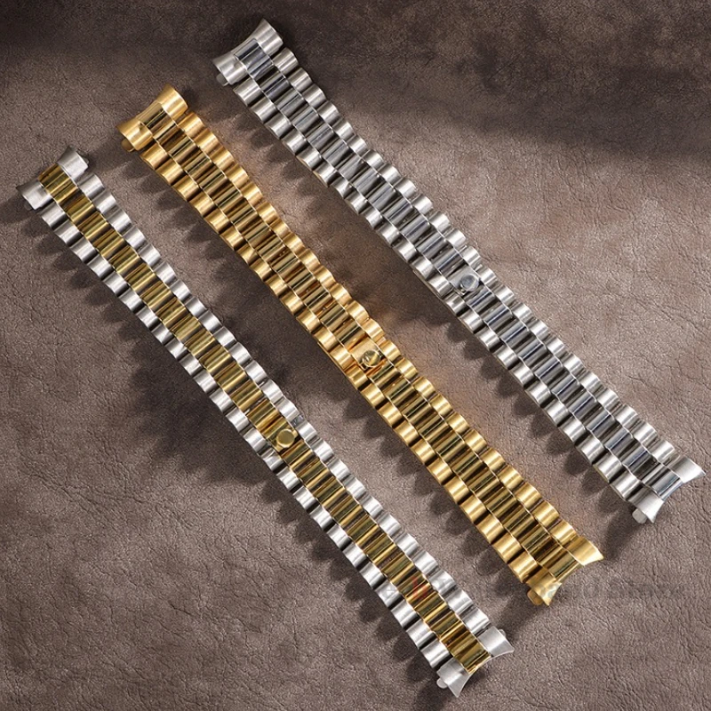 Pulseira de metal sólido de 20 mm para Rolex com extremidade curvada pulseira de aço inoxidável para fivela presidencial de ostra para homens prata ouro