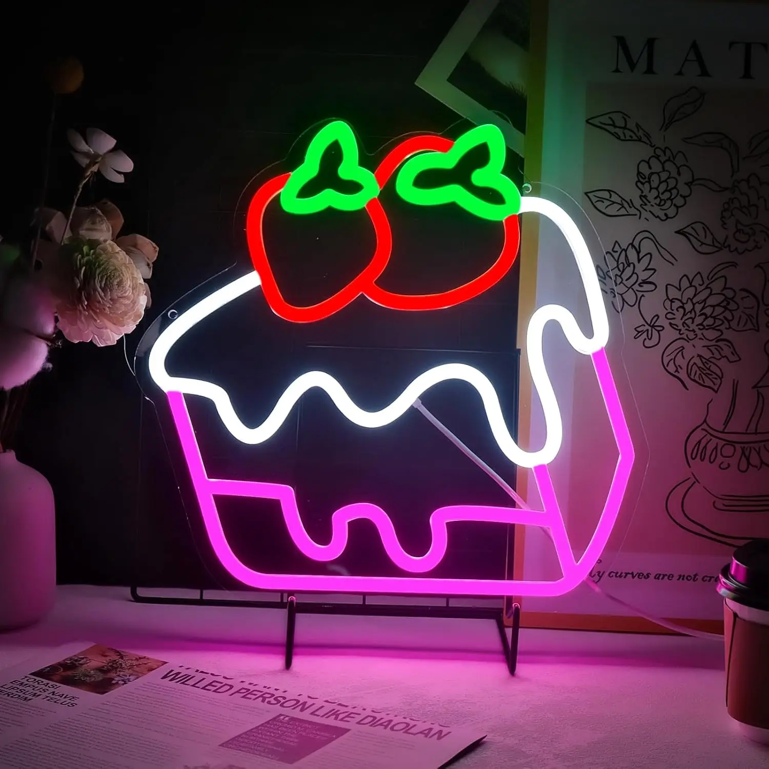 

Strawberry Cake Neon Sign Dimmable Neon Lights for Restaurant Cafe Shop Home Kitchen Decor Aesthetics Draw Birthday Gifts