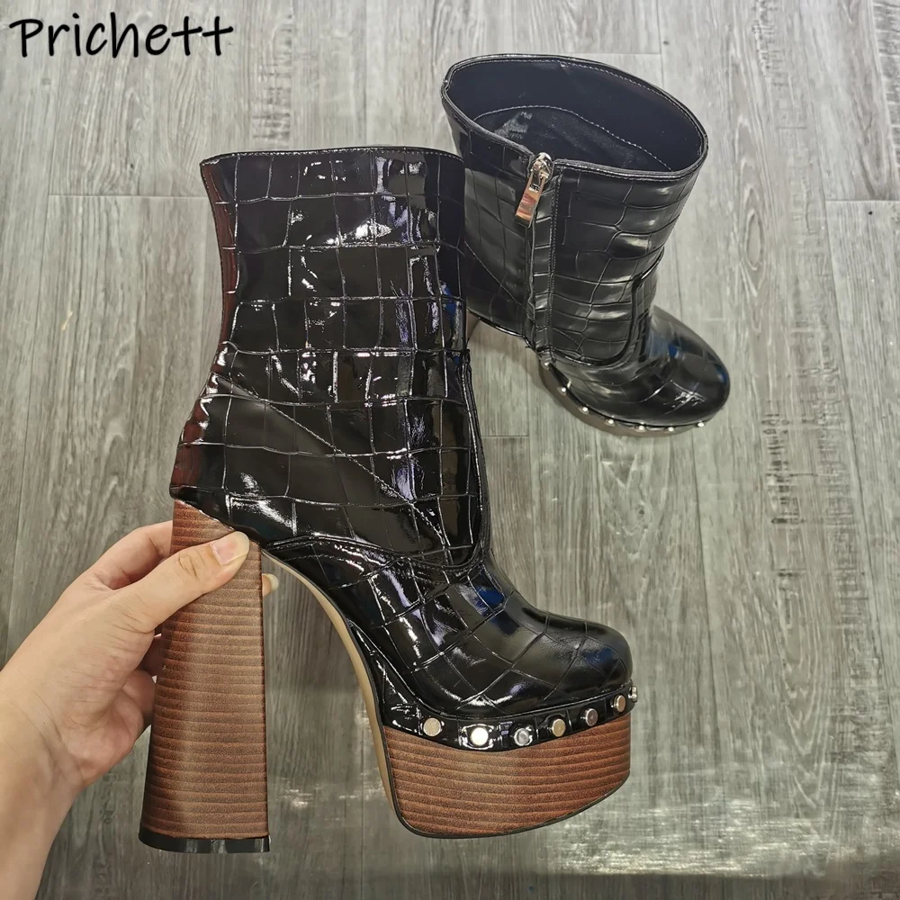 

Rivet Wood Grain Leather Ankle Boots Platform Alligator Pattern Chunky Heels Round Toe Shoes Women's Fashion Sexy Winter Boots