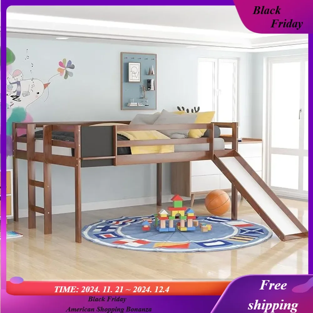 Full Size Loft Bed with Slide, Stair and Chalkboard, Solid Wood Bed with Guardrail for University Dormitory Bedroom Apartment