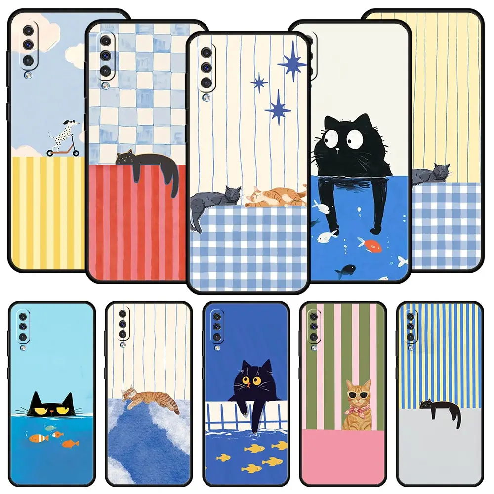 Artistic Black Cat Striped Phone Case For Samsung A56 A36 A26 A24 A12 A14 A16 A50 A70 A22 A40 A32 A34 A54 A42 A52 5G A06 Cover
