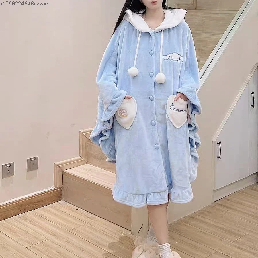 Sanrio Cinnamoroll New Nightwear Hooded Home Soft Plush Cloak Women Cute Pajamas Shawl Robes Pants Y2k Flannel Sleepwear Suit