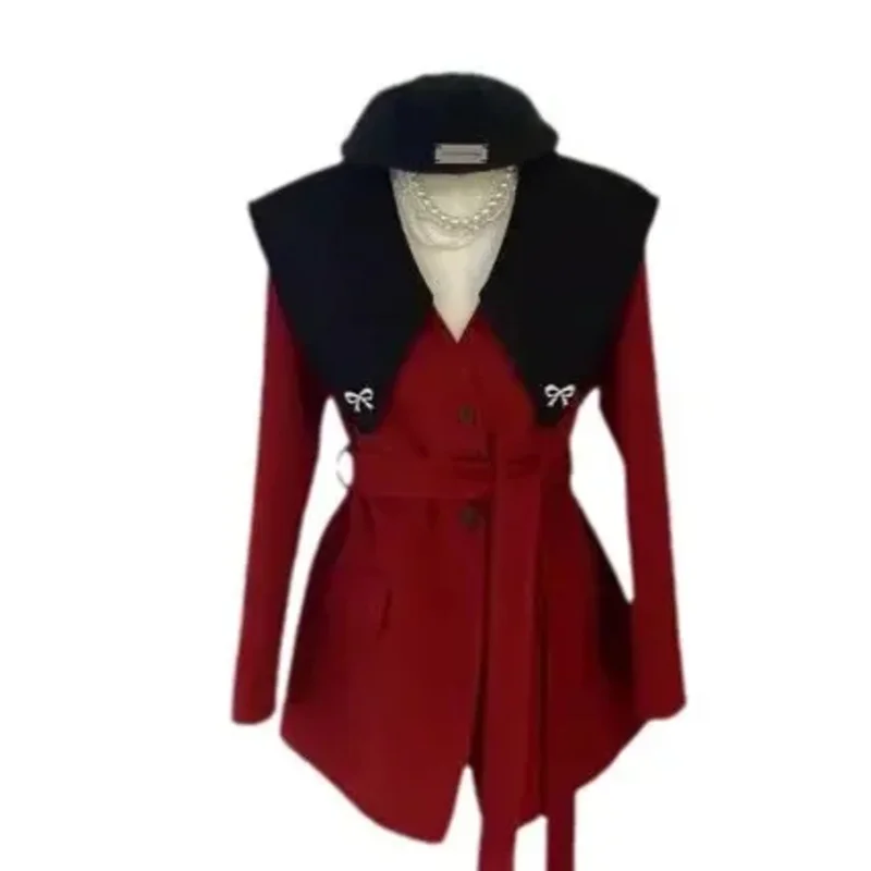 

Light Luxury Doll Collar Customized Double-sided Wool Fabric Sweet Stylish Contrasting Large Lapel Patchwork Coat Jacketx;4'b,5;