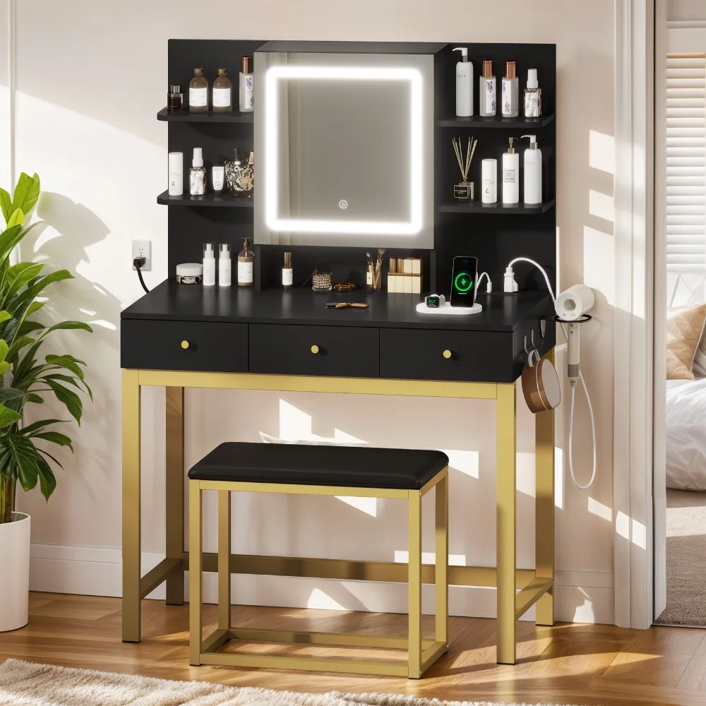 

3 Drawers Vanity Table Mirror for Bedroom Makeup Dress Desk