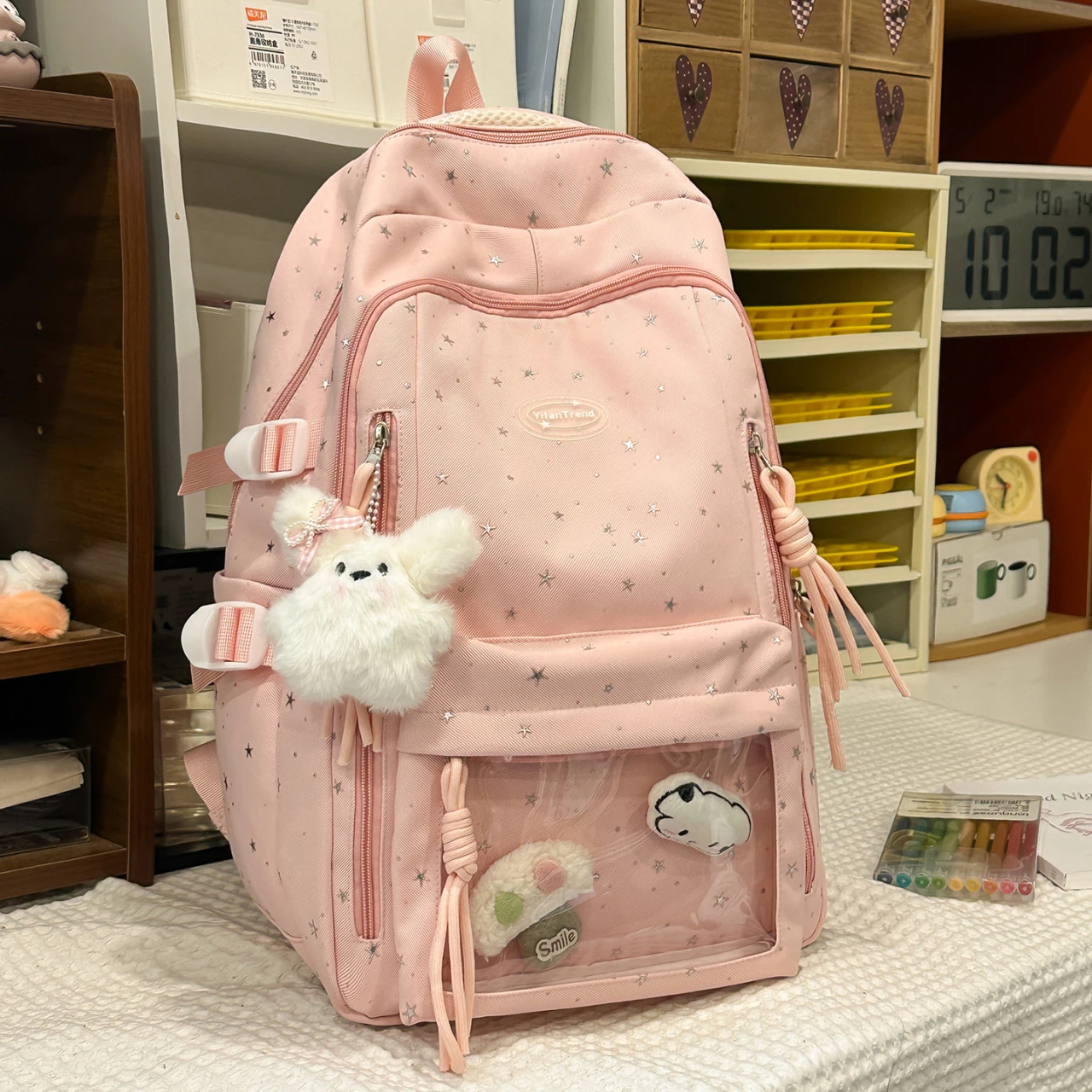 

Women Star Print Backpack Mint Green Large Capacity School Bag Casual Nylon Laptop Backpack for Girls Students Travel Daily