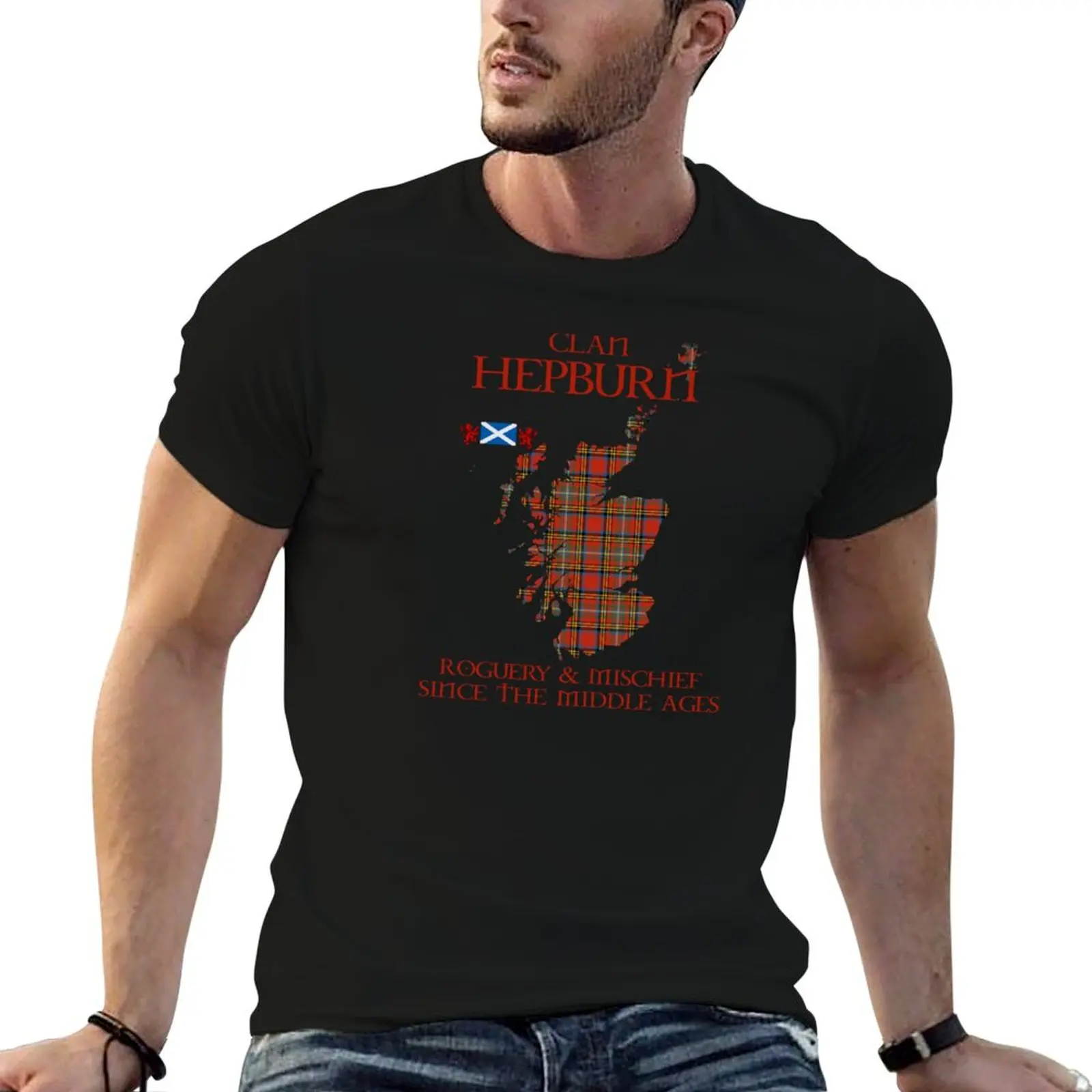 Clan Hepburn tartan Scotland map Saltire flag and lion rampant scottish T-Shirt Casual Trendy Short Sleeve T-Shirt