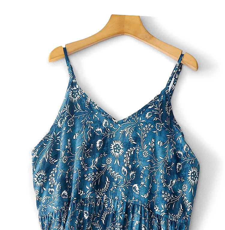 Belted V-neck Floral Printed Blue Cotton Slip Dress Women Summer Holiday Beach Boho Style Sleeveless Midi Long Dress With Pocket