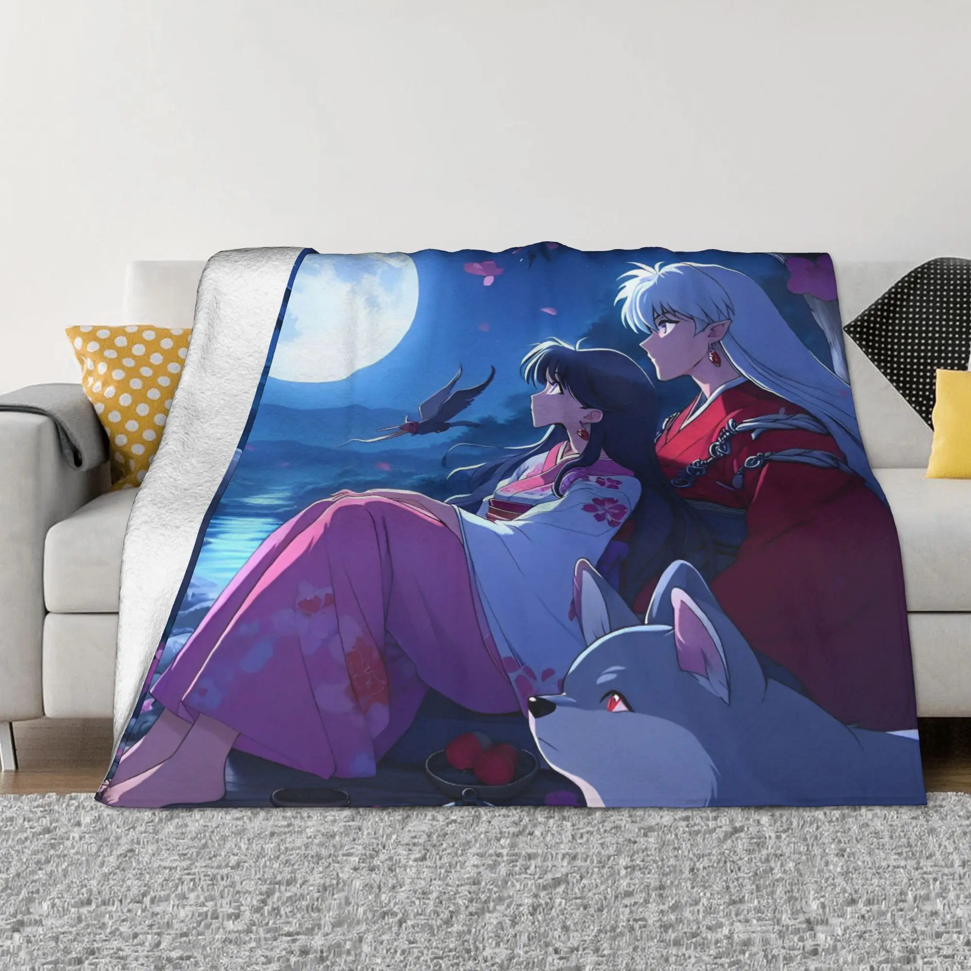 Kagome Inuyasha Knitted Blanket Flannel Anime Manga Warm Throw Blankets for Outdoor Travel Bedroom Quilt