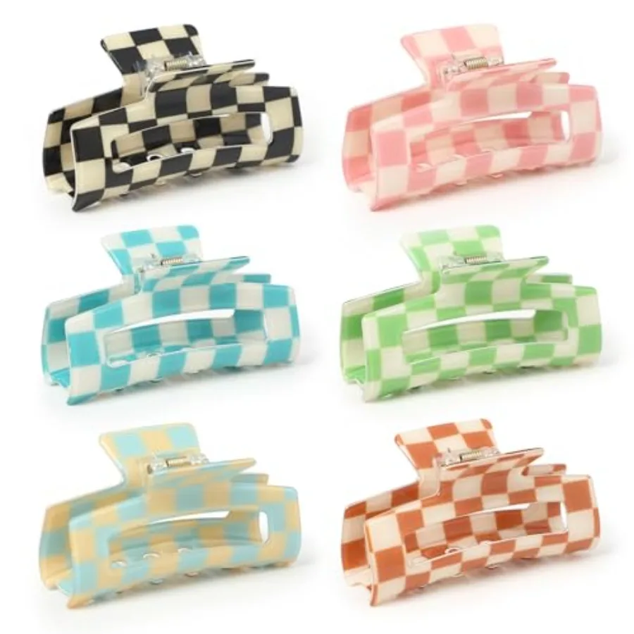Checkered Multicolored Rectangle Y2K Hair Barrettes and Claw Clips - 6 Pcs Strong Hold Hair Accessories for Thin Thick Hair