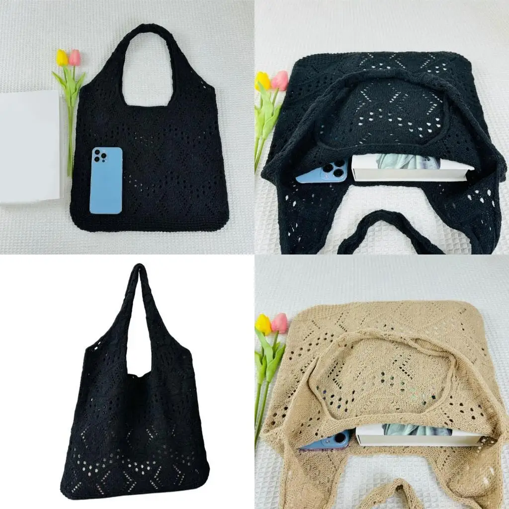 

X90D Женская полая вязаная пляжная сумка Модная вязаная сумка для покупок Сумка на плечо