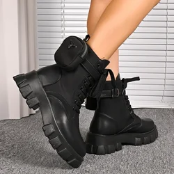 2025 Fashion Black Punk Ankle Platform Motorcycle Boots Women Lace Up Chunky Heel Belt Buckle Pocket Designer Shoes Women Boots