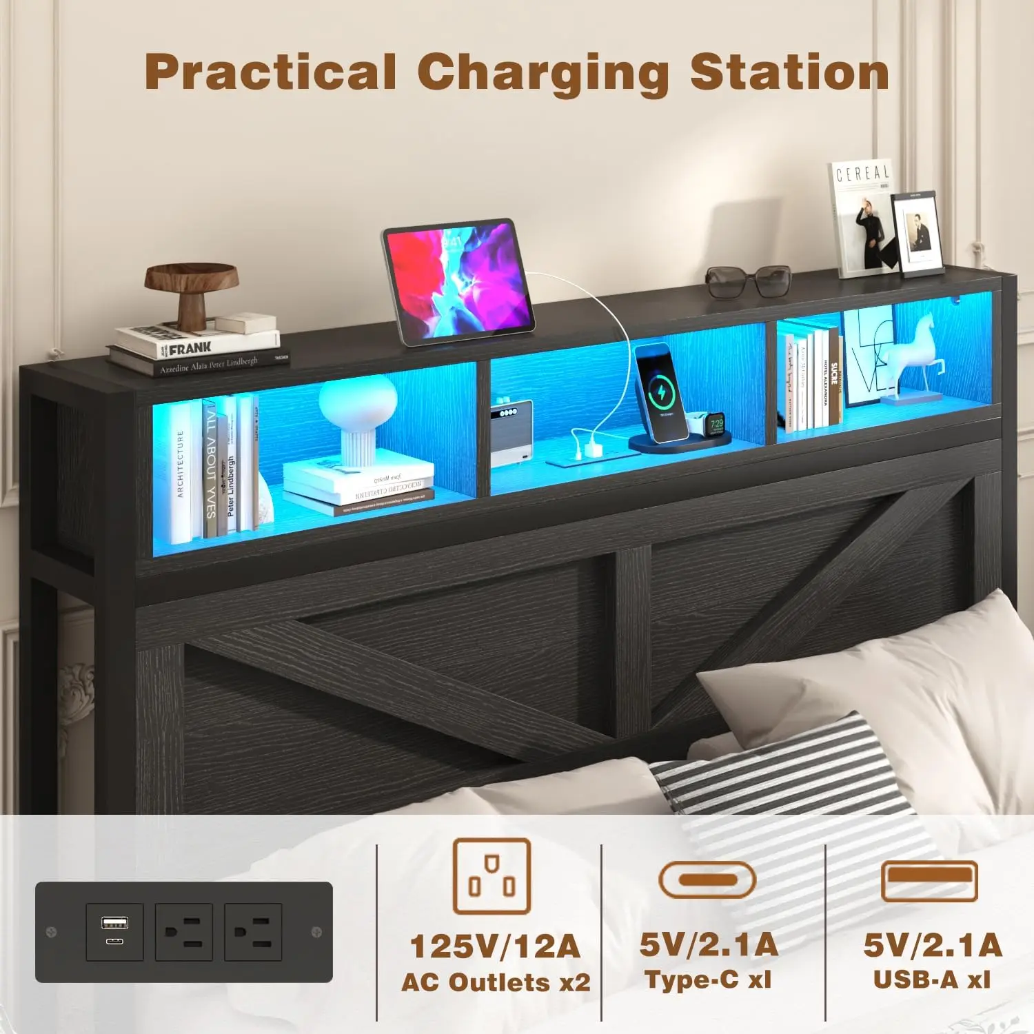 إطار سرير المزرعة مع خزانة الكتب ومحطة شحن اللوح الأمامي وإضاءة LED ودرجين تخزين خالية من الضوضاء بدون صندوق زنبركي Ne