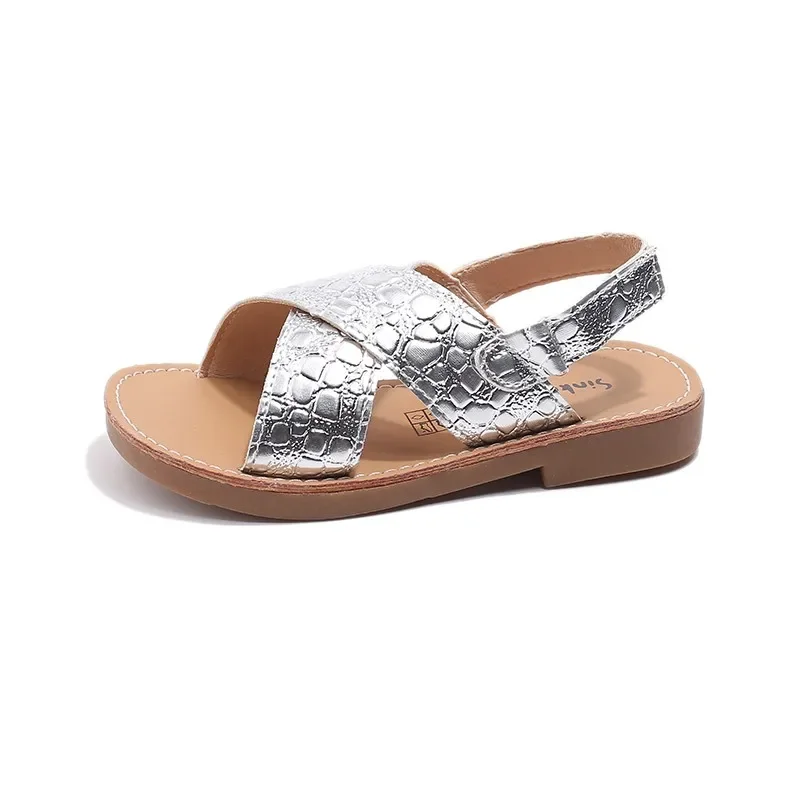 

Children's Summer Sandals for Boys Girls Bright Skin Fabric Fashion Unisex Kids Beach Shoes Flat Cross-tied Ankle Strap Ins Hot