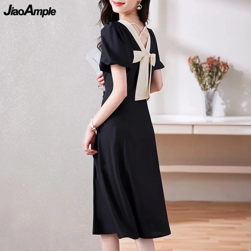 Women's Summer Graceful Balck Back Bowknot Dress 2024 New Korean Lady Square Collar Short Puff Sleeve Dresses Dinner Party Gown