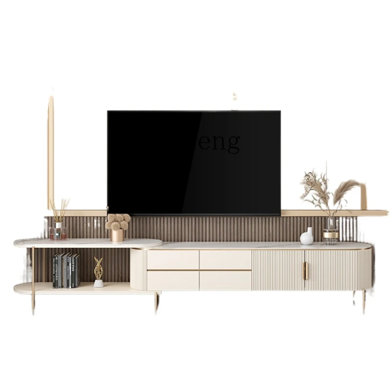 

XL Retractable TV Cabinet Paint Storage round Stone Plate TV Cabinet and Tea Table Combination