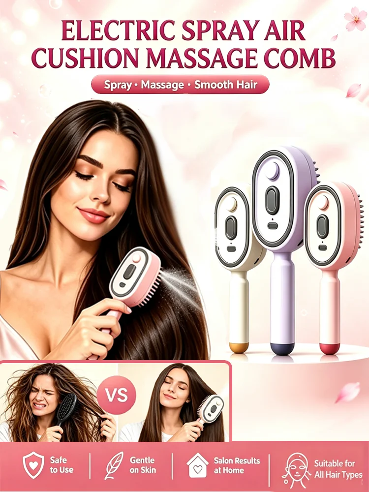 electric steam brush for hair scalp massage comb air cushion self-cleaning hair brush 3 in 1 hair straightening brush