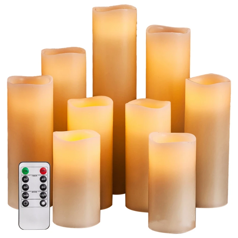 Flameless Candles Set Of 9 Ivory Dripless Real Wax Pillars Include Realistic Wick LED Flames and 1 Remote Control