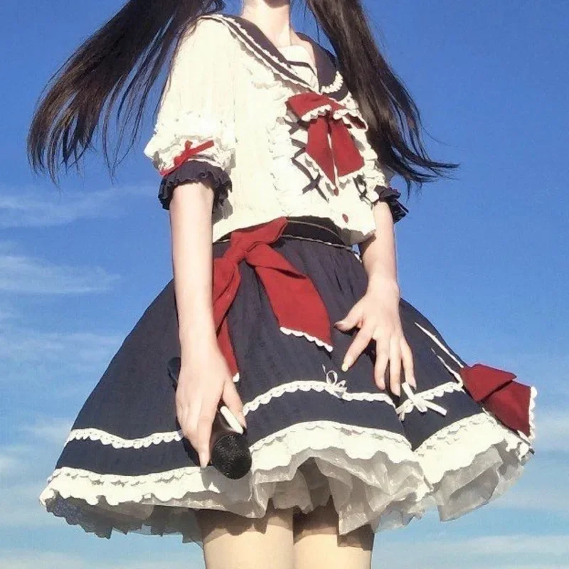 2025 NEW Summer OP Princess Dress Bow Sakura Hime Dresses Lolita Short Sleeved JK Lo Skirt Pleated Ruffle Edge Sailor Suit