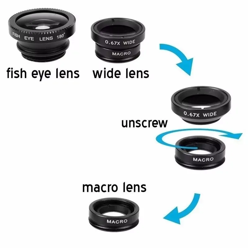 Image 4: Objectif de téléphone 3 en 1 Fisheye, objectif grand angle 0,67X, objectif macro Fish Eye, kit d'objectifs pour appareil photo avec clip pour iPhone, Samsung et smartphones
