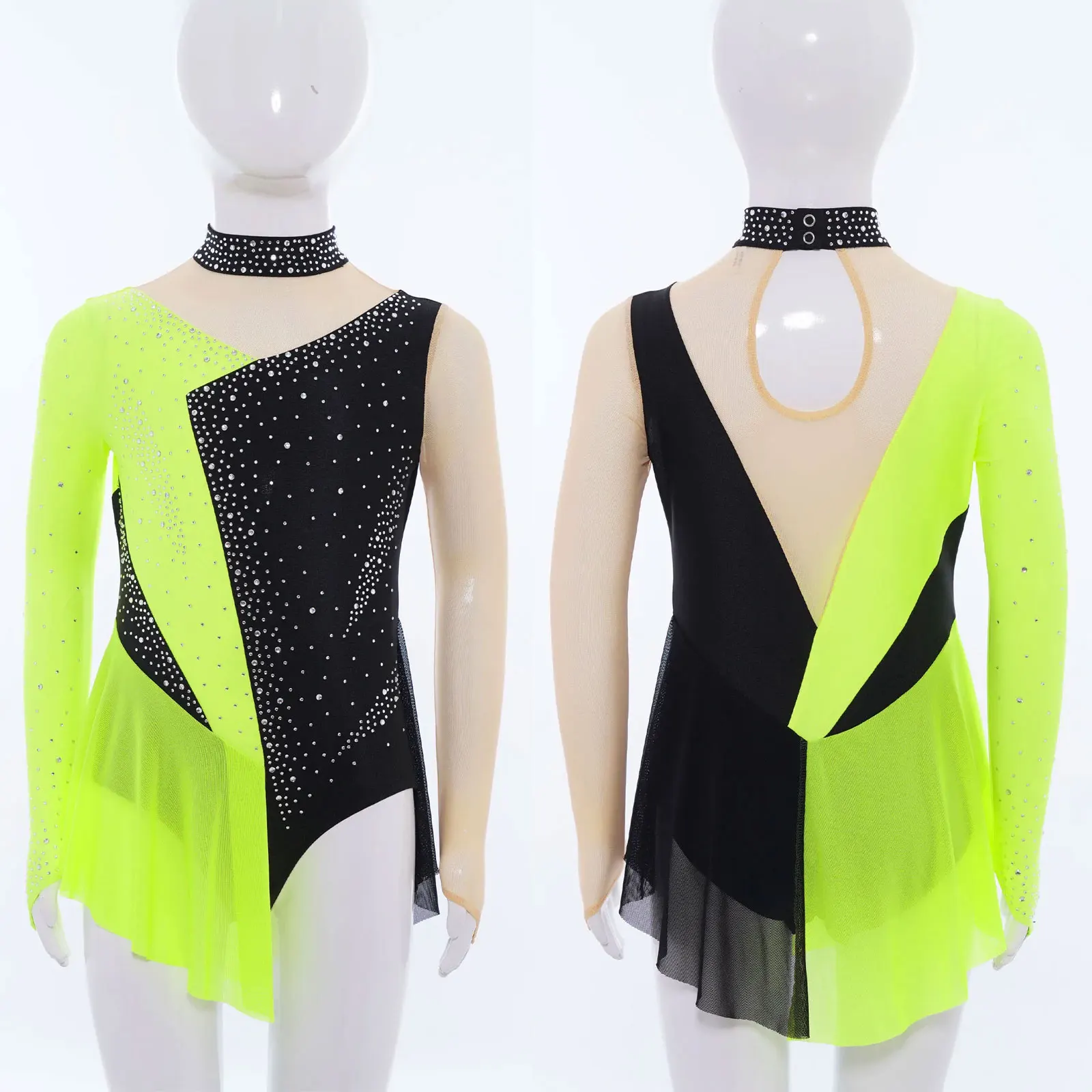 Kids Girls Sparkly Rhinestone Color Block Leotard Dress Sheer Mesh Patchwork Bodysuit for Ballet Dance Gymnastics Figure Skating