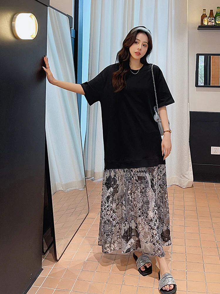 NYFS 2024 Summer New Korea Woman Dresses Vestidos Robe Elbise Loose Plus Size Short Sleeve Patchwork chiffon Hem Long Dress