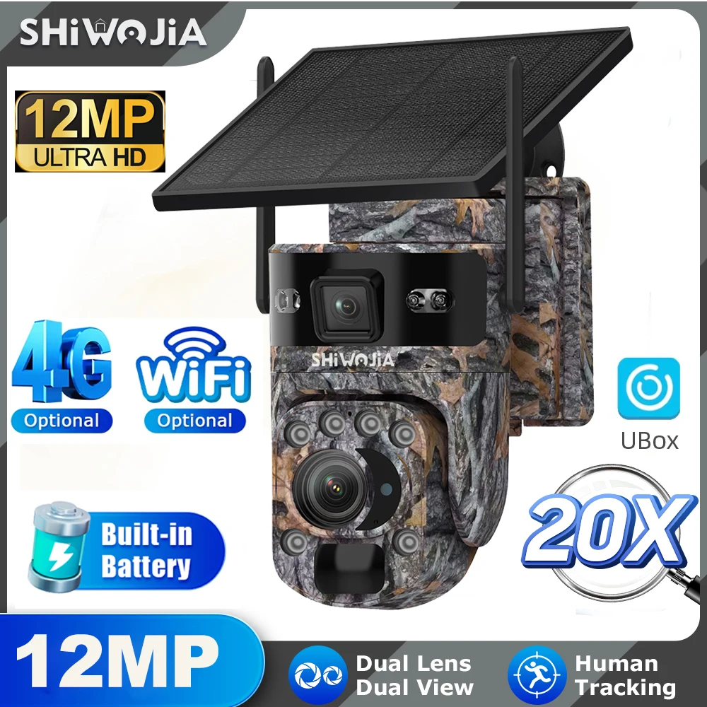 

SHIWOJIA 20X ZOOM 4G SIM Solar Battery Camera 12MP 6K Outdoor WIFI 360° View Animal Monitoring Solar Powered Hunting PTZ Camera