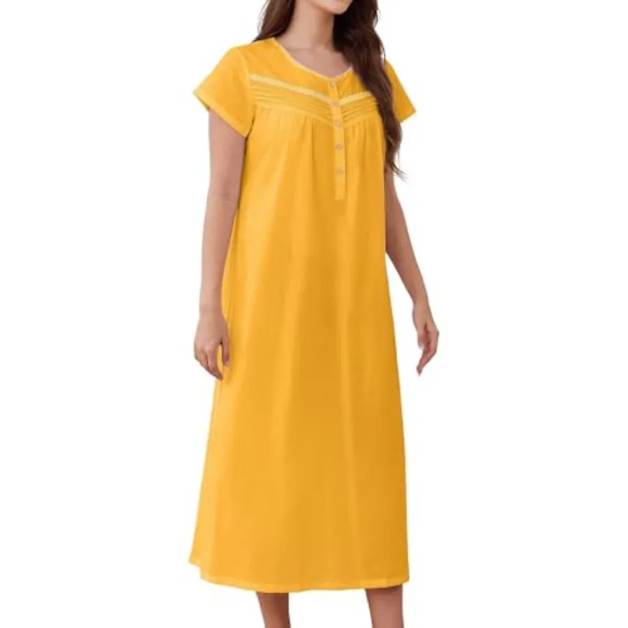 FMIRREO Women's Long Nightgowns Cotton Night Gowns for Adult Women Short Sleeves Sleepwear Lightweight House Dresses