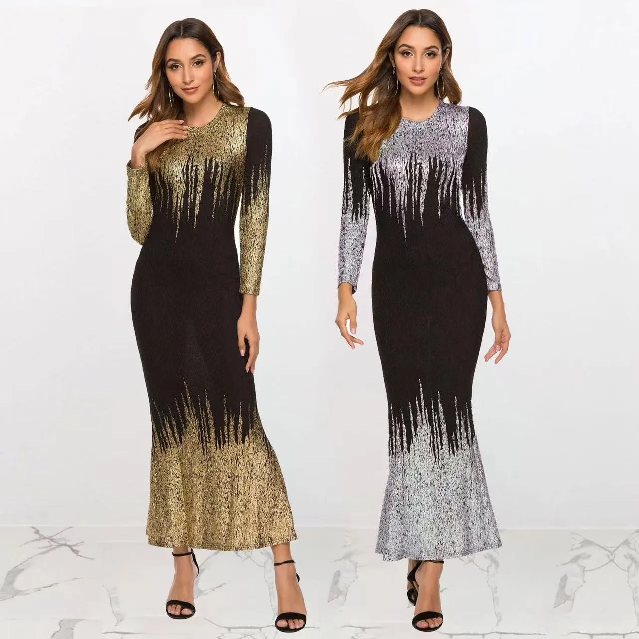 Elegant Party Long Sleeve Gold Foil Print Wedding Guest Dress Maxi Length Black Base Mermaid Skirt Fitted Waist Evening Dress