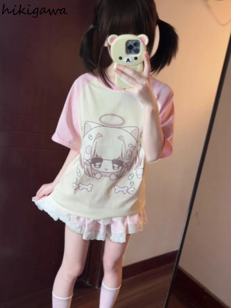 Japanese Tshirts Women\'s Clothing Summer Camisetas Anime Print Cute Tees Oversized Casual Fashion Y2k T Shirts 2024 Ropa Mujer