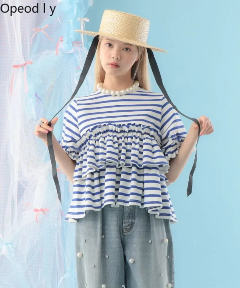 Japanese Original Fashion Striped Cake Layer Short-sleeved T-shirt Round Neck Ruffle Edge Pleated Waist Loose Casual Woman Top