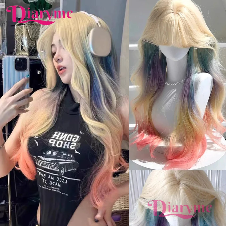 

Long Wave Orange Yellow Ombre Cosplay Wigs Heat Resistant Synthetic Wigs with Bangs Natural Lolita Wigs For Women Halloween Wigs
