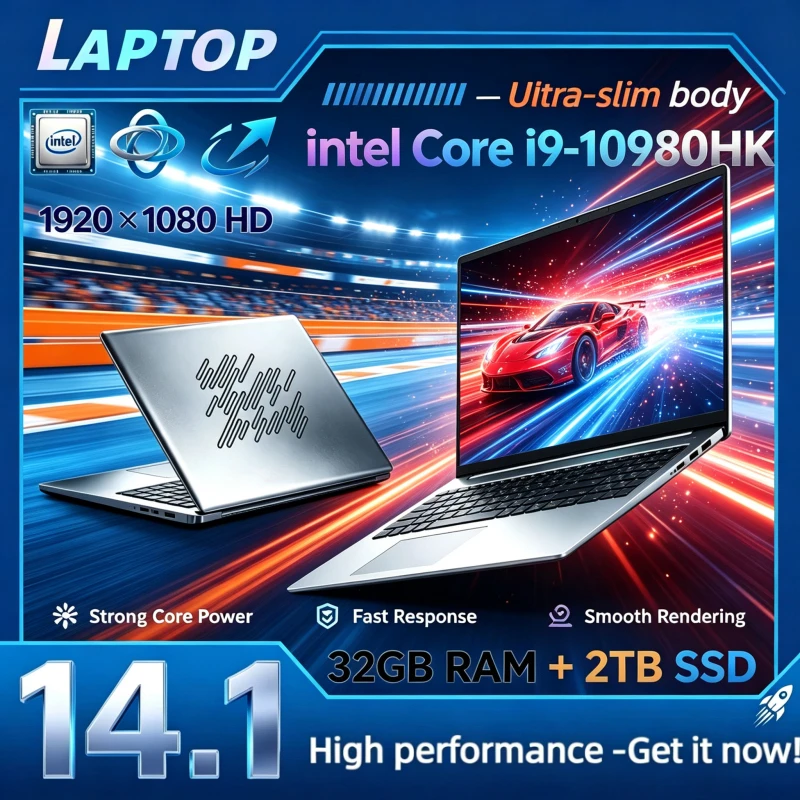 Intel Core i9-10980HK Ultra Slim 14.1-Inch 1920x1080 Office Gaming Laptop, 32GB RAM, 2TB Storage PC Gamer Notebook Computer