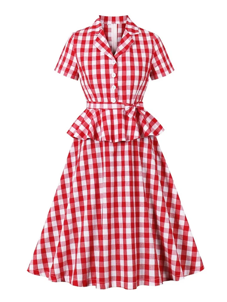 Red Plaid Elegant Office Work Wear OL Vintage Casual Dress Women Turn Down Collar Button 1950 Slim Fit Waist A Aline Swing Dress