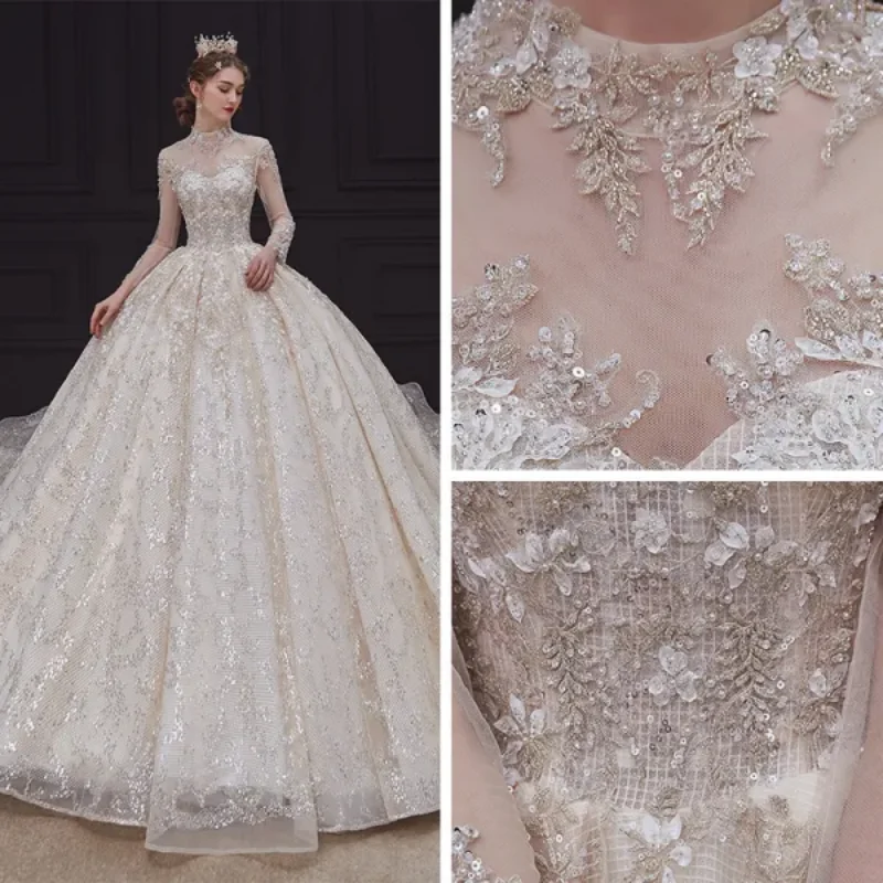 

2025 White Women's Customized Wedding Dress High Collar Long Sleeve Gorgeous Lace Sequin Large Skirt With Tail Straightened Back